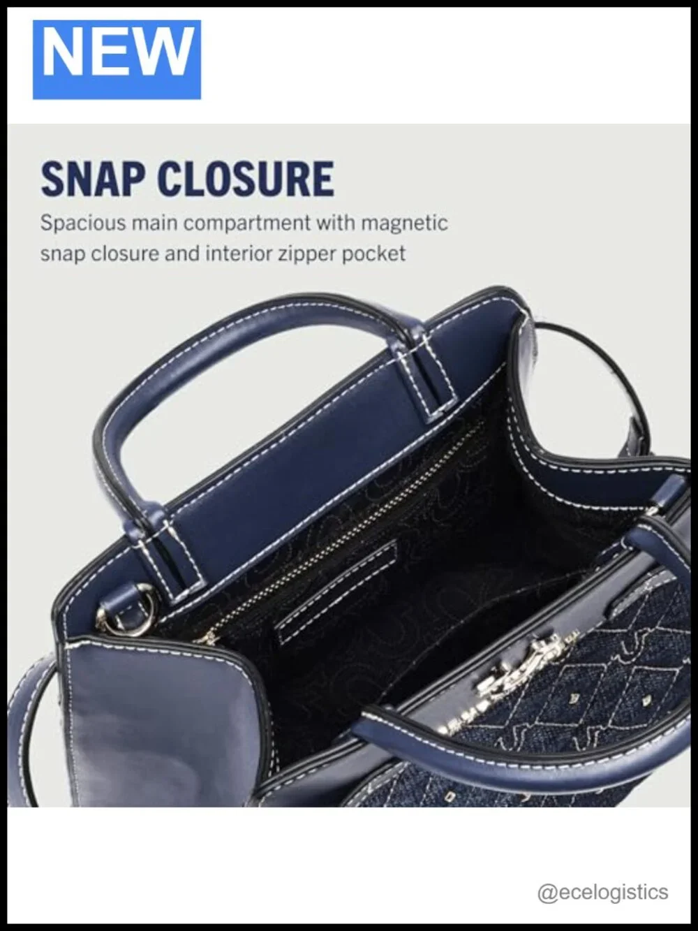 Quilted Denim Tote Bag with Studded Accents and Detachable Strap